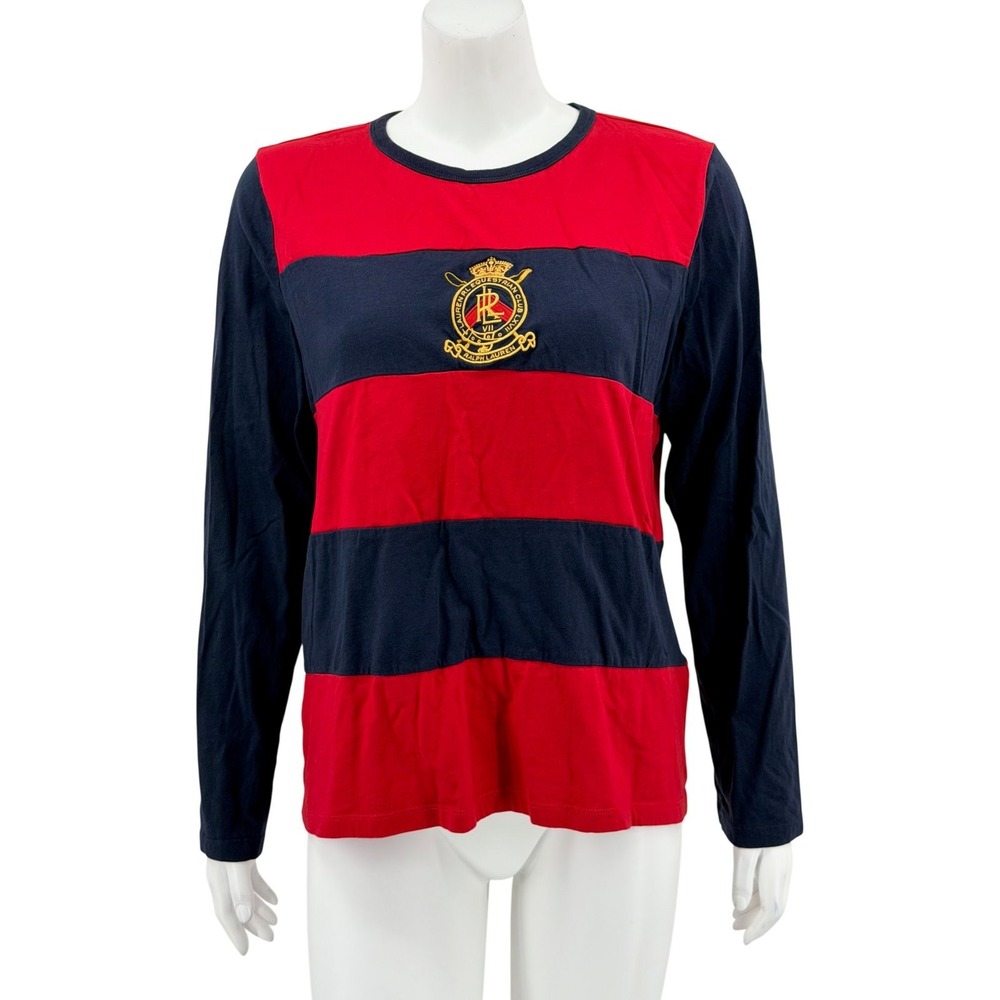 Lauren Ralph Lauren Active Top Womens XL Red Navy Stripe Equestrian Crest Preppy